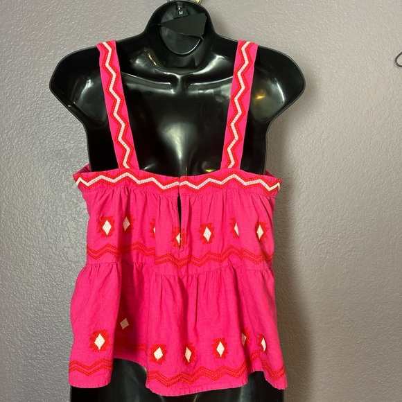 Loft Hot Pink with red and cream geometric Embroidered tank Top - Picture 4 of 5